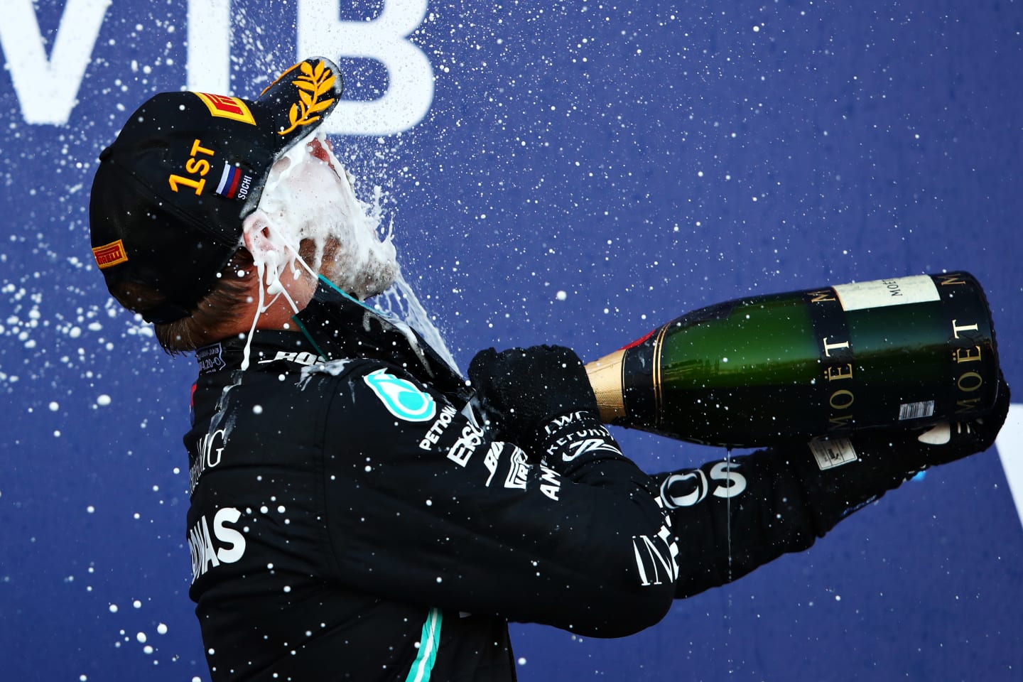 SOCHI, RUSSIA - SEPTEMBER 27: Race winner Valtteri Bottas of Finland and Mercedes GP celebrates on