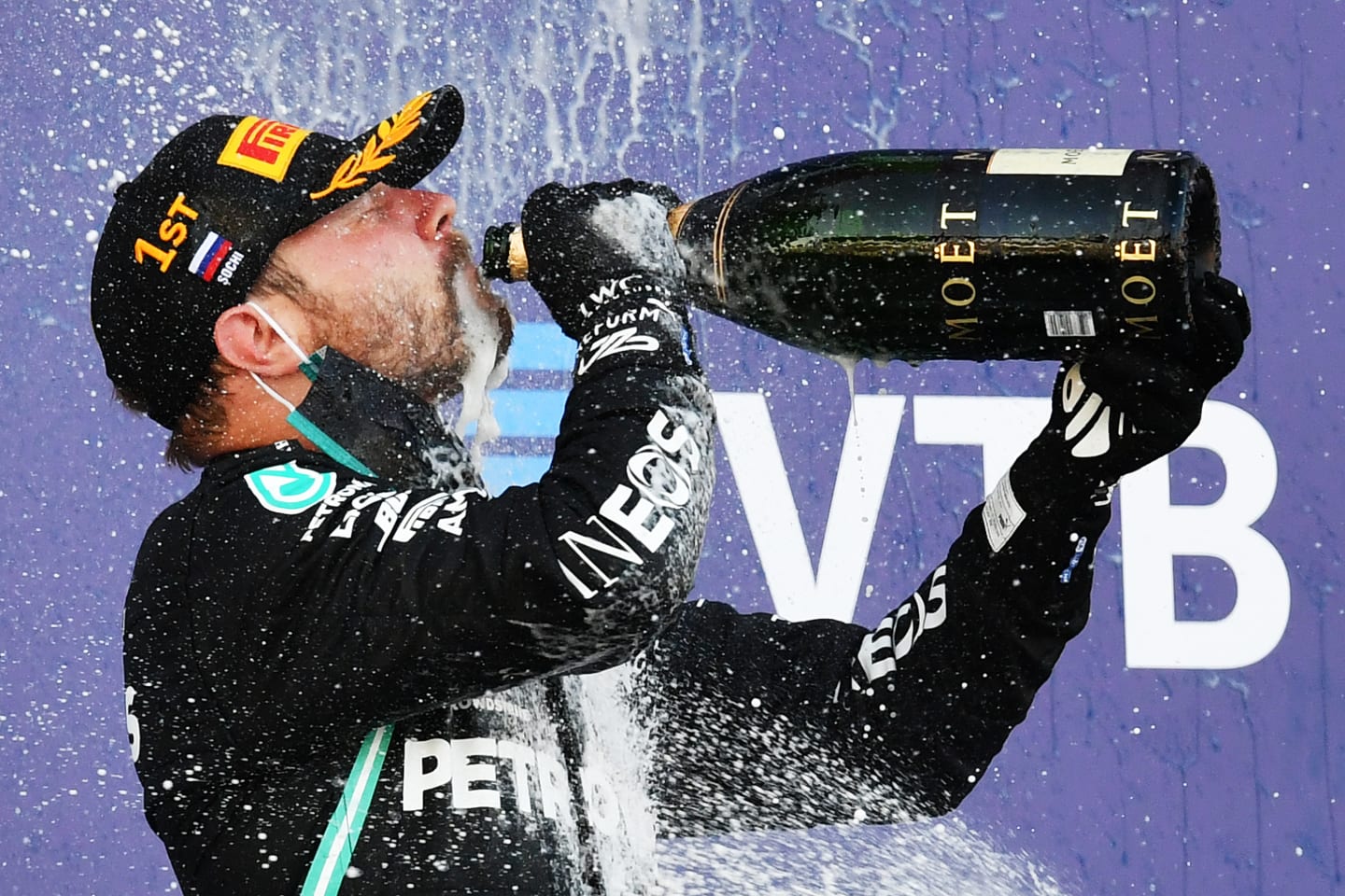 SOCHI, RUSSIA - SEPTEMBER 27: Race winner Valtteri Bottas of Finland and Mercedes GP celebrates on the podium during the F1 Grand Prix of Russia at Sochi Autodrom on September 27, 2020 in Sochi, Russia. (Photo by Dan Mullan/Getty Images)