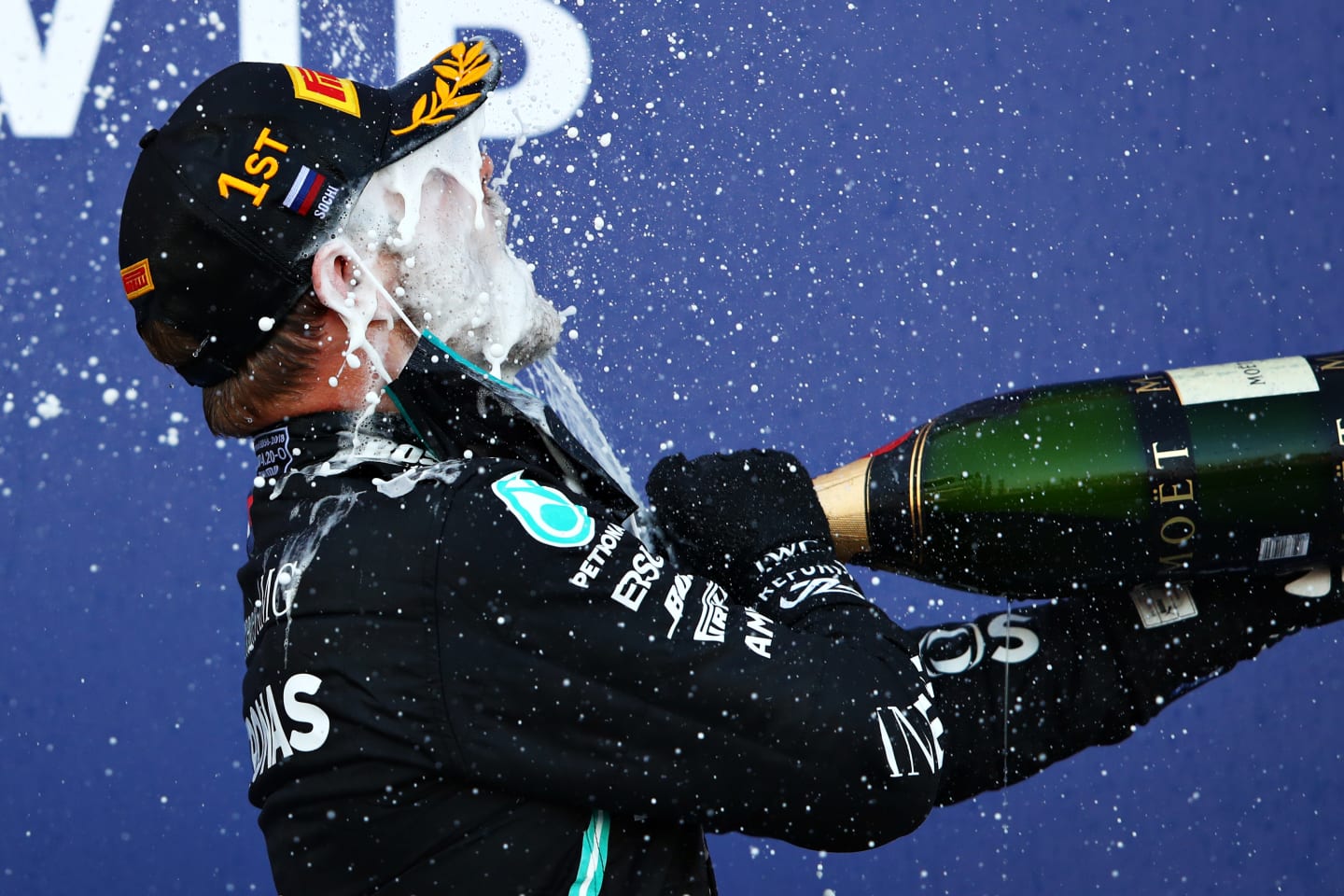 SOCHI, RUSSIA - SEPTEMBER 27: Race winner Valtteri Bottas of Finland and Mercedes GP celebrates on the podium during the F1 Grand Prix of Russia at Sochi Autodrom on September 27, 2020 in Sochi, Russia. (Photo by Mark Thompson/Getty Images)