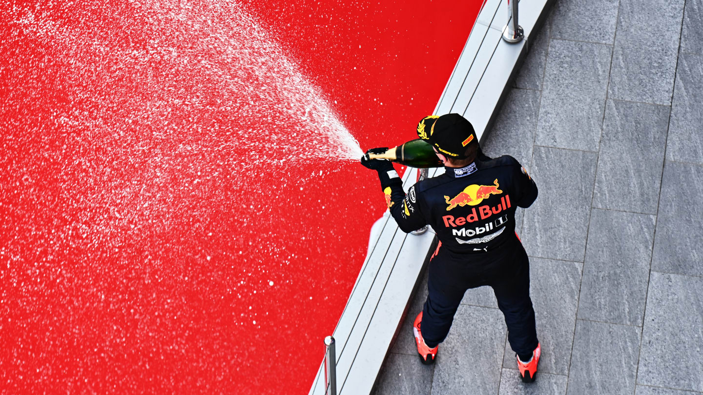 SOCHI, RUSSIA - SEPTEMBER 27: Second placed Max Verstappen of Netherlands and Red Bull Racing celebrates on the podium during the F1 Grand Prix of Russia at Sochi Autodrom on September 27, 2020 in Sochi, Russia. (Photo by Clive Mason - Formula 1/Formula 1 via Getty Images)