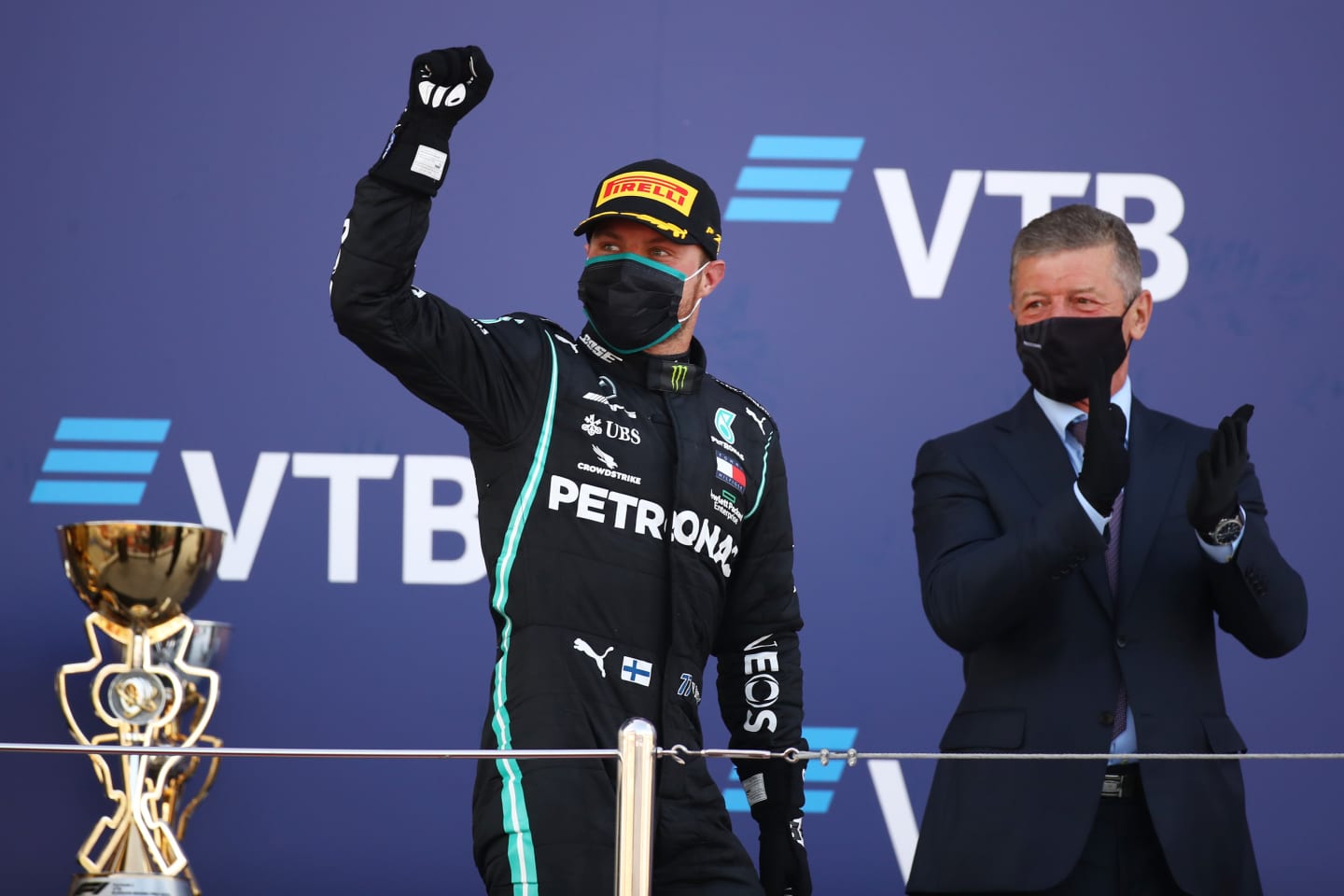 SOCHI, RUSSIA - SEPTEMBER 27: Race winner Valtteri Bottas of Finland and Mercedes GP celebrates on the podium during the F1 Grand Prix of Russia at Sochi Autodrom on September 27, 2020 in Sochi, Russia. (Photo by Bryn Lennon/Getty Images)