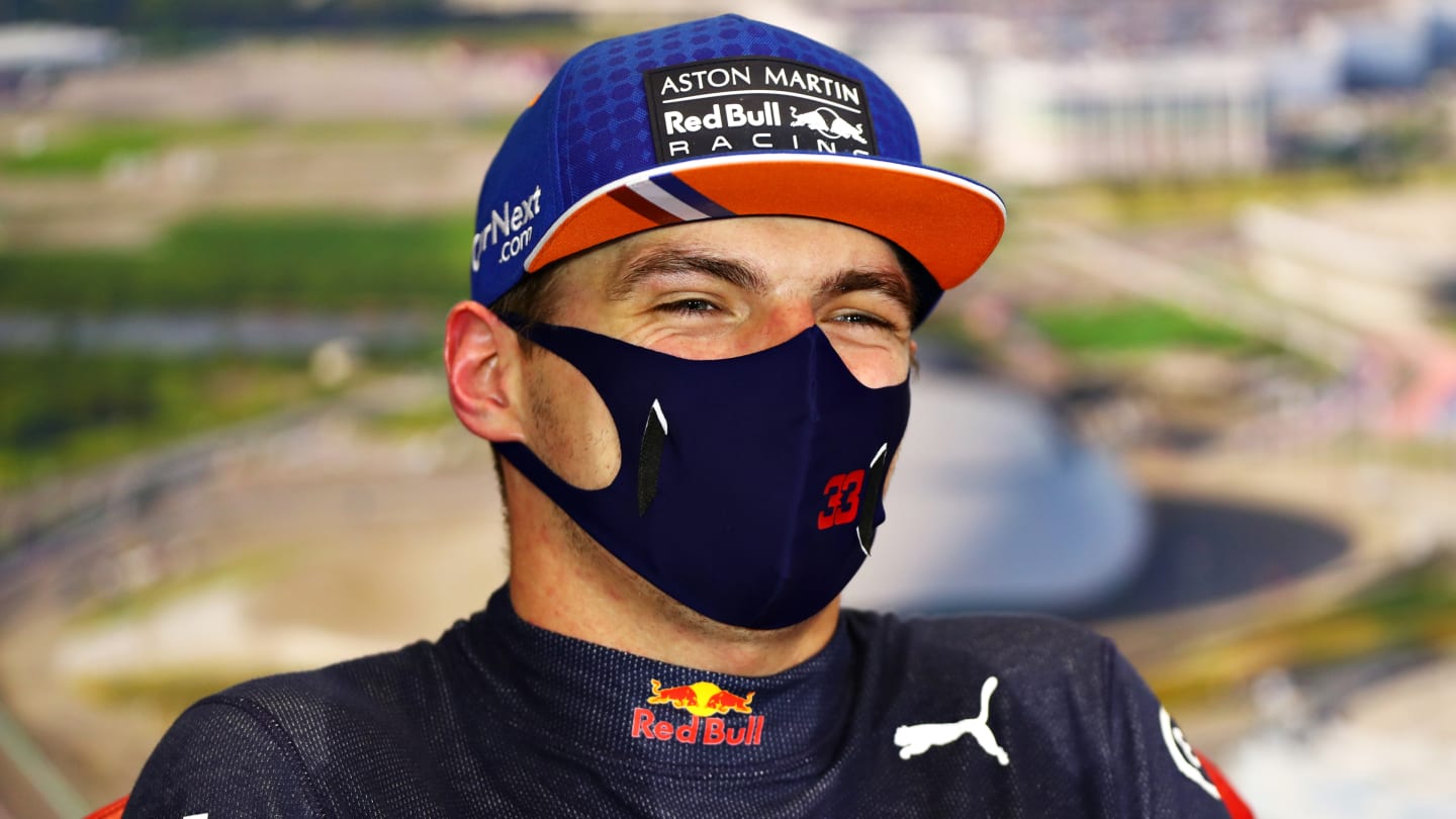 SOCHI, RUSSIA - SEPTEMBER 27: Second placed Max Verstappen of Netherlands and Red Bull Racing talks in a press conference after the F1 Grand Prix of Russia at Sochi Autodrom on September 27, 2020 in Sochi, Russia. (Photo by Dan Istitene - Formula 1/Formula 1 via Getty Images)