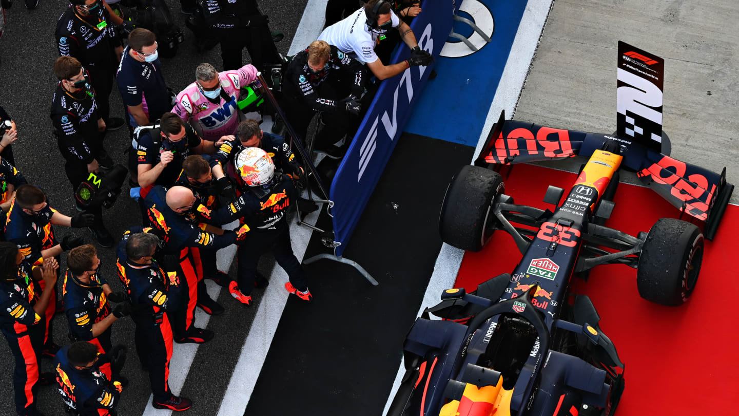 SOCHI, RUSSIA - SEPTEMBER 27: Second placed Max Verstappen of Netherlands and Red Bull Racing