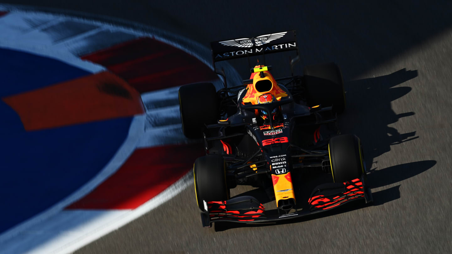 SOCHI, RUSSIA - SEPTEMBER 27: Alexander Albon of Thailand driving the (23) Aston Martin Red Bull Racing RB16 during the F1 Grand Prix of Russia at Sochi Autodrom on September 27, 2020 in Sochi, Russia. (Photo by Clive Mason - Formula 1/Formula 1 via Getty Images)