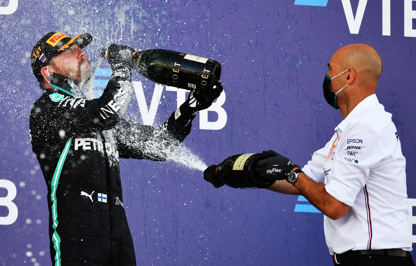 SOCHI, RUSSIA - SEPTEMBER 27: Race winner Valtteri Bottas of Finland and Mercedes GP celebrates on