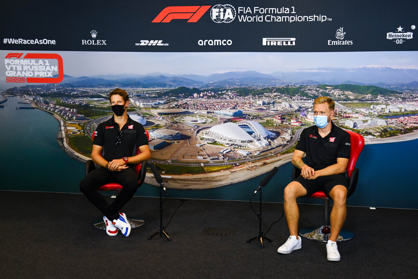SOCHI, RUSSIA - SEPTEMBER 24: Romain Grosjean of France and Haas F1 and Kevin Magnussen of Denmark