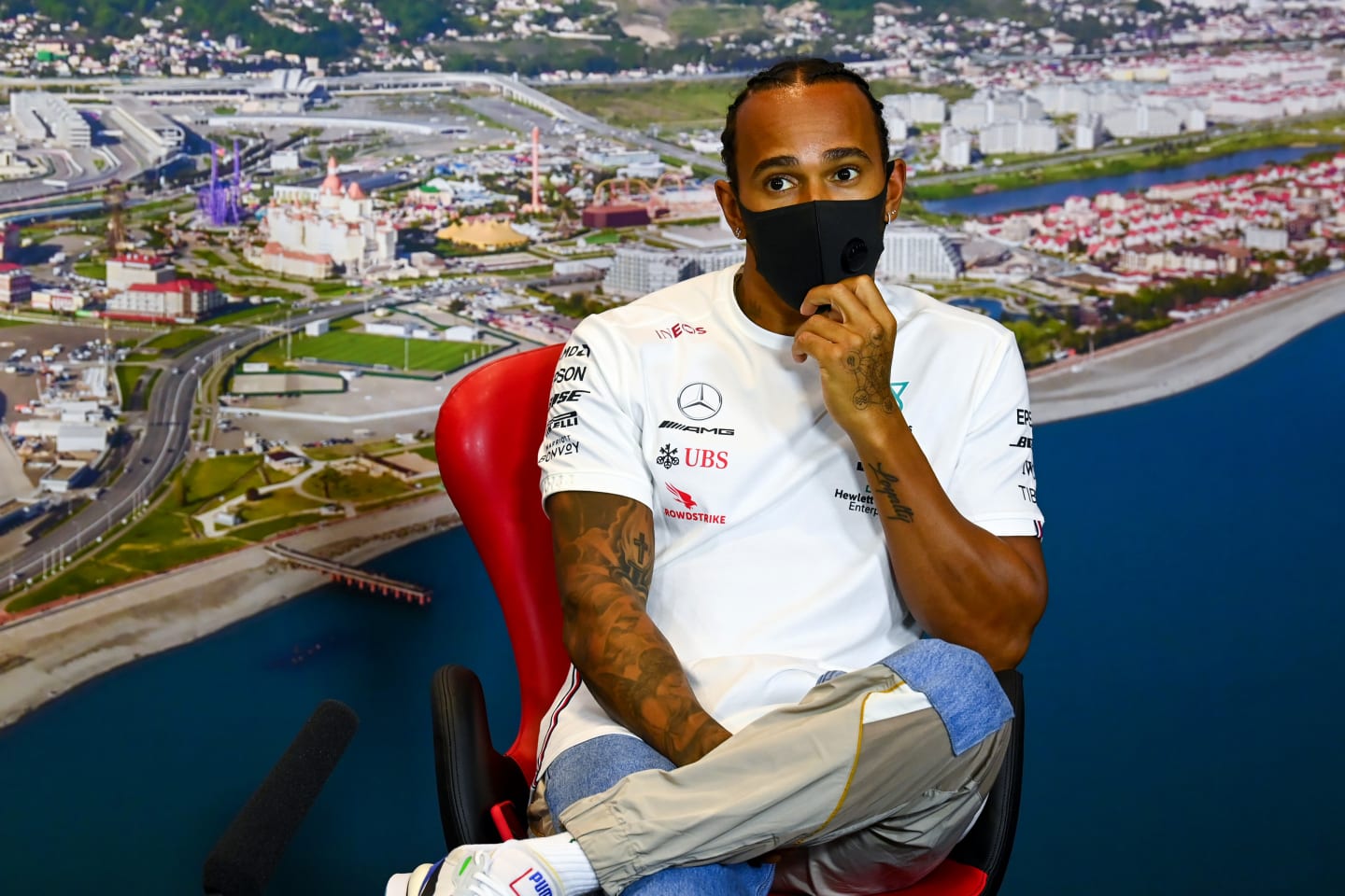 SOCHI, RUSSIA - SEPTEMBER 24: Lewis Hamilton of Great Britain and Mercedes GP talks in the Drivers