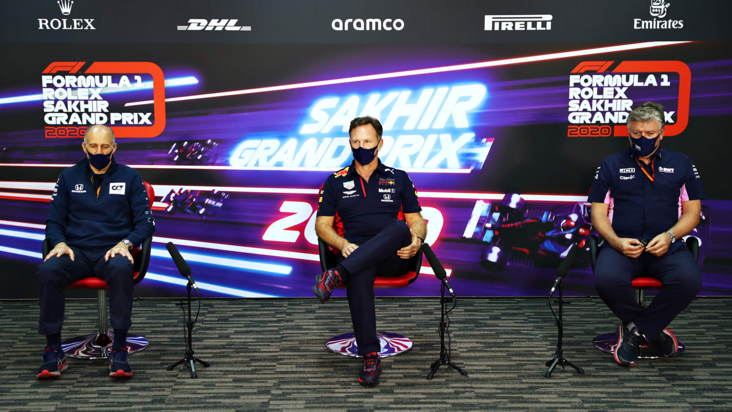 BAHRAIN, BAHRAIN - DECEMBER 04: Scuderia AlphaTauri Team Principal Franz Tost, Red Bull Racing Team Principal Christian Horner, and Otmar Szafnauer, Team Principal and Chief Executive Officer of Racing Point talk in the Team Principals Press Conference during practice ahead of the F1 Grand Prix of Sakhir at Bahrain International Circuit on December 04, 2020 in Bahrain, Bahrain. (Photo by Dan Istitene - Formula 1/Formula 1 via Getty Images)