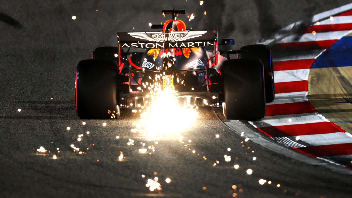 BAHRAIN, BAHRAIN - DECEMBER 04: Sparks fly behind Max Verstappen of the Netherlands driving the