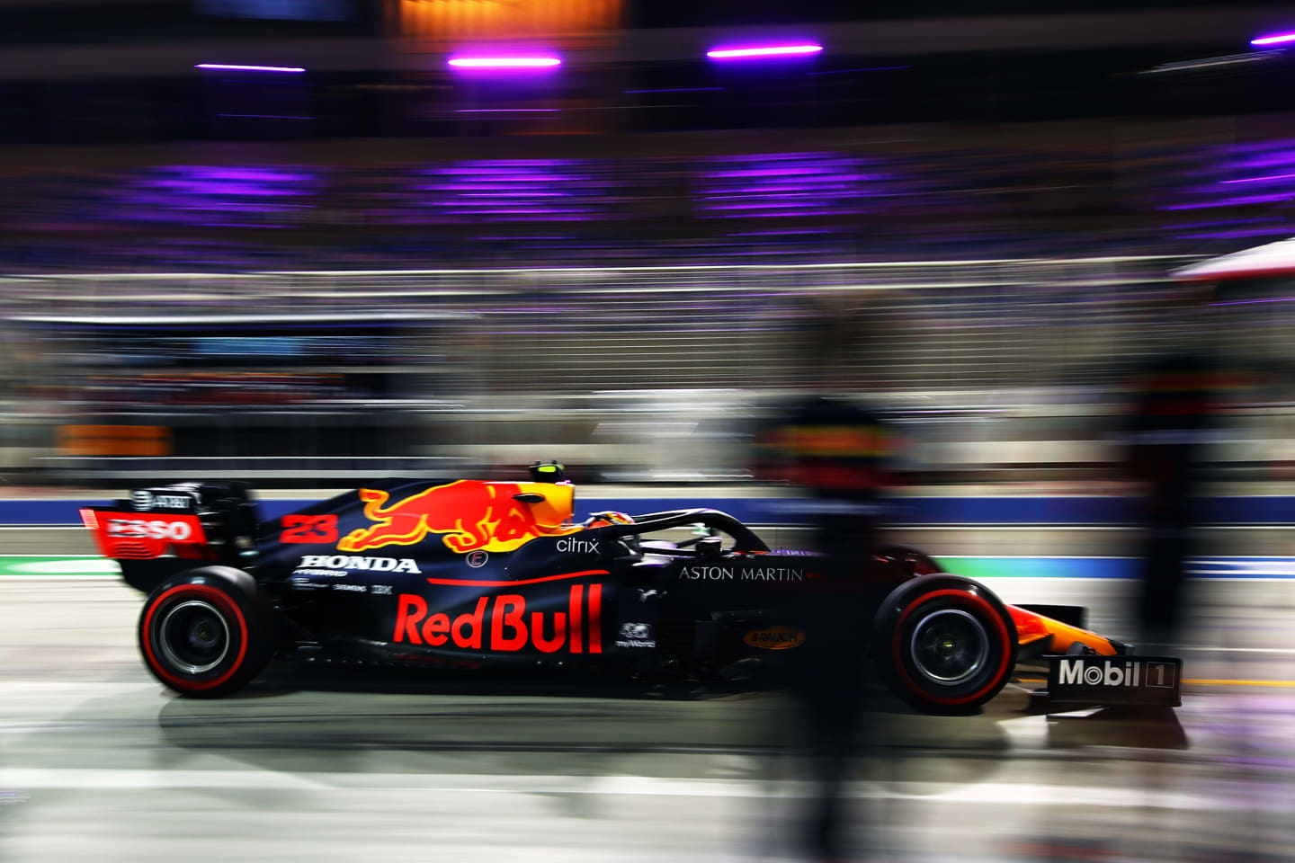 BAHRAIN, BAHRAIN - DECEMBER 04: Alexander Albon of Thailand driving the (23) Aston Martin Red Bull Racing RB16 stops in the Pitlane during practice ahead of the F1 Grand Prix of Sakhir at Bahrain International Circuit on December 04, 2020 in Bahrain, Bahrain. (Photo by Mark Thompson/Getty Images)