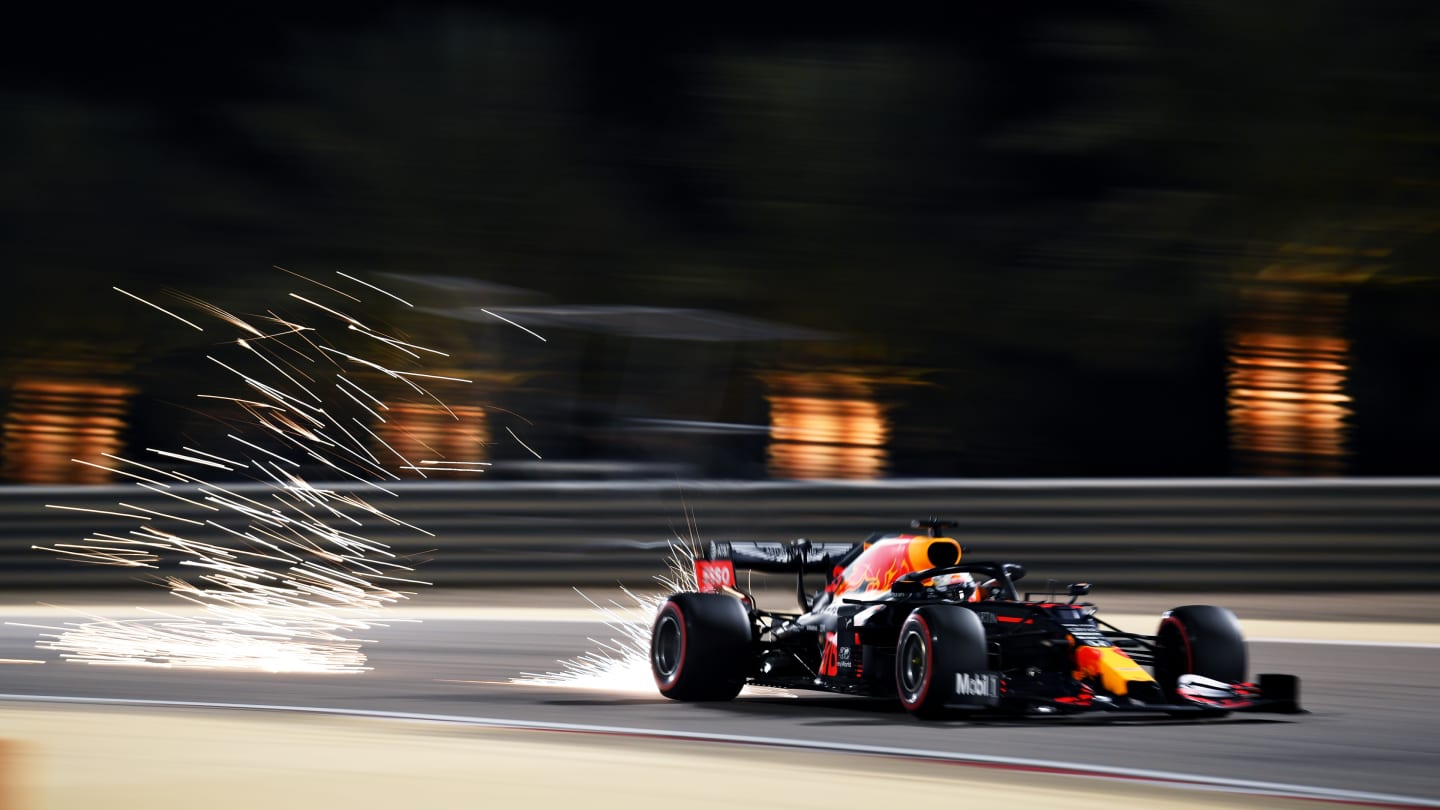 BAHRAIN, BAHRAIN - DECEMBER 05: Sparks fly behind Max Verstappen of the Netherlands driving the