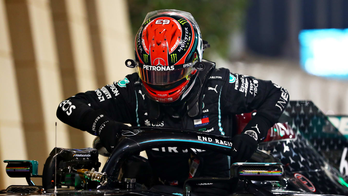 BAHRAIN, BAHRAIN - DECEMBER 05: Second place qualifier George Russell of Great Britain and Mercedes