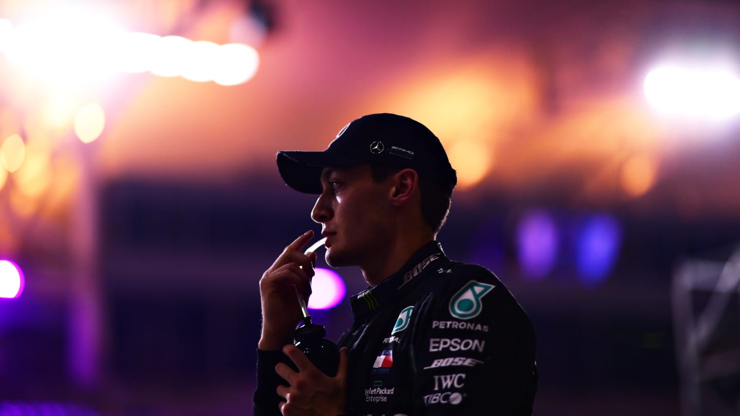 BAHRAIN, BAHRAIN - DECEMBER 05: Second place qualifier George Russell of Great Britain and Mercedes GP looks on in parc ferme during qualifying ahead of the F1 Grand Prix of Sakhir at Bahrain International Circuit on December 05, 2020 in Bahrain, Bahrain. (Photo by Mario Renzi - Formula 1/Formula 1 via Getty Images)