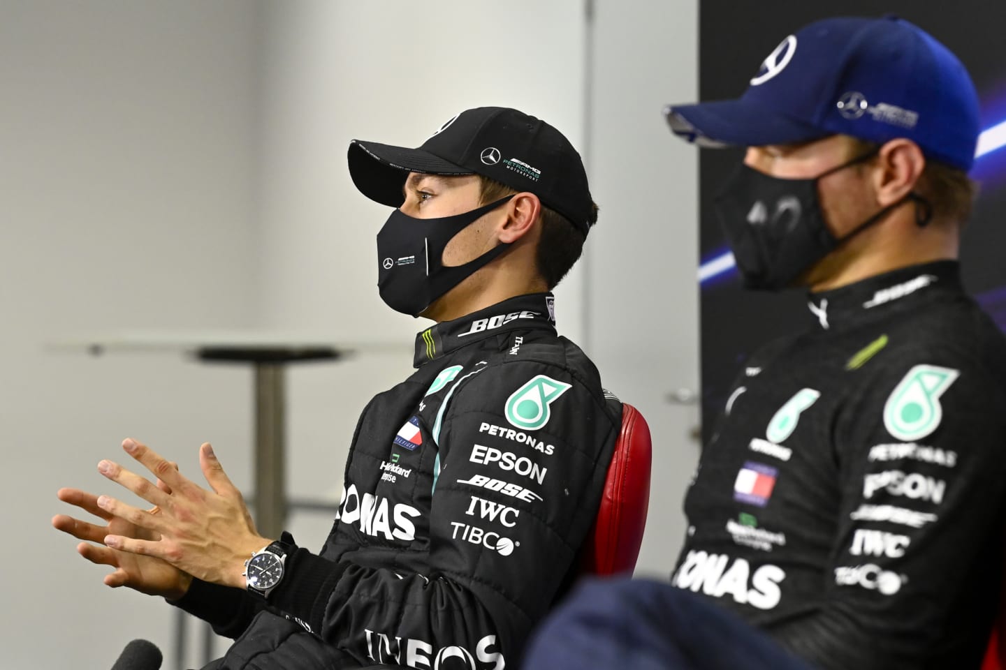 BAHRAIN, BAHRAIN - DECEMBER 05: Second place qualifier George Russell of Great Britain and Mercedes