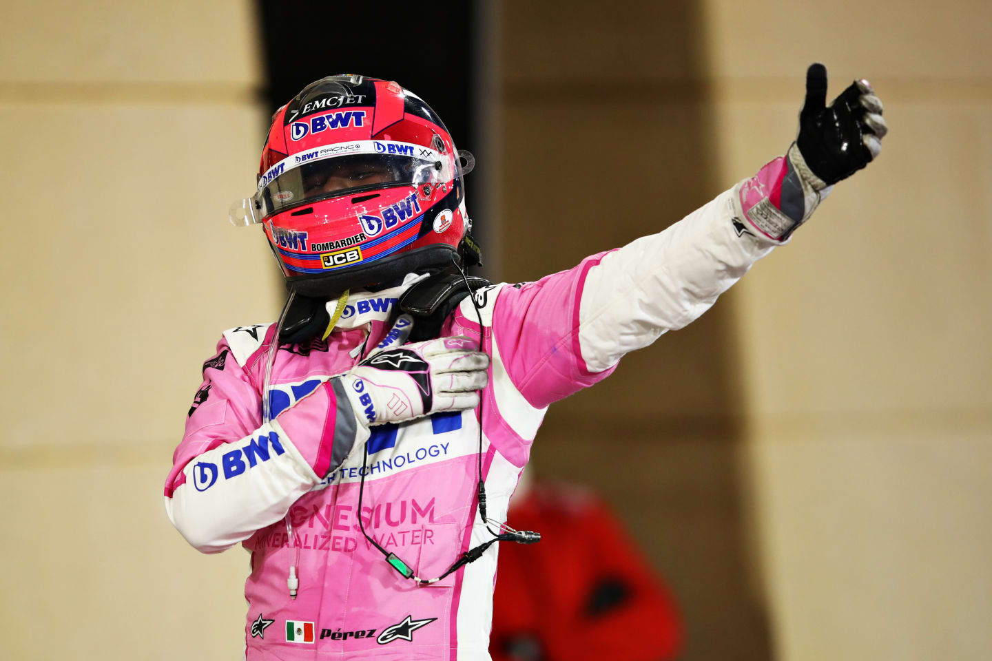 BAHRAIN, BAHRAIN - DECEMBER 06: Race winner Sergio Perez of Mexico and Racing Point celebrates in