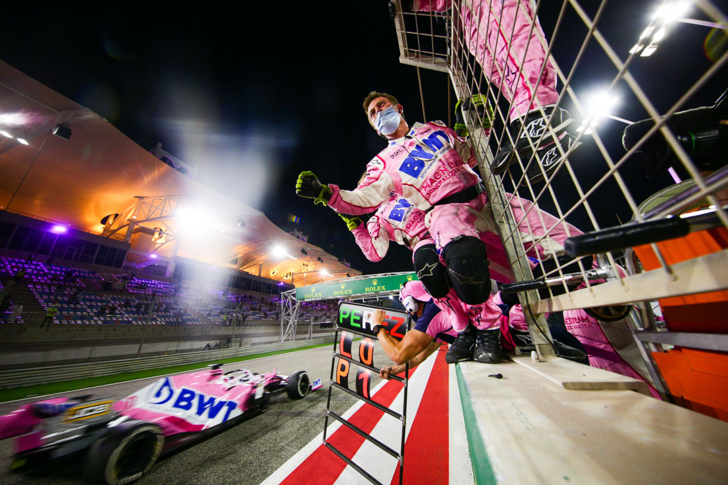 BAHRAIN, BAHRAIN - DECEMBER 06: Racing Point celebrate Sergio Perez of Mexico and Racing Point