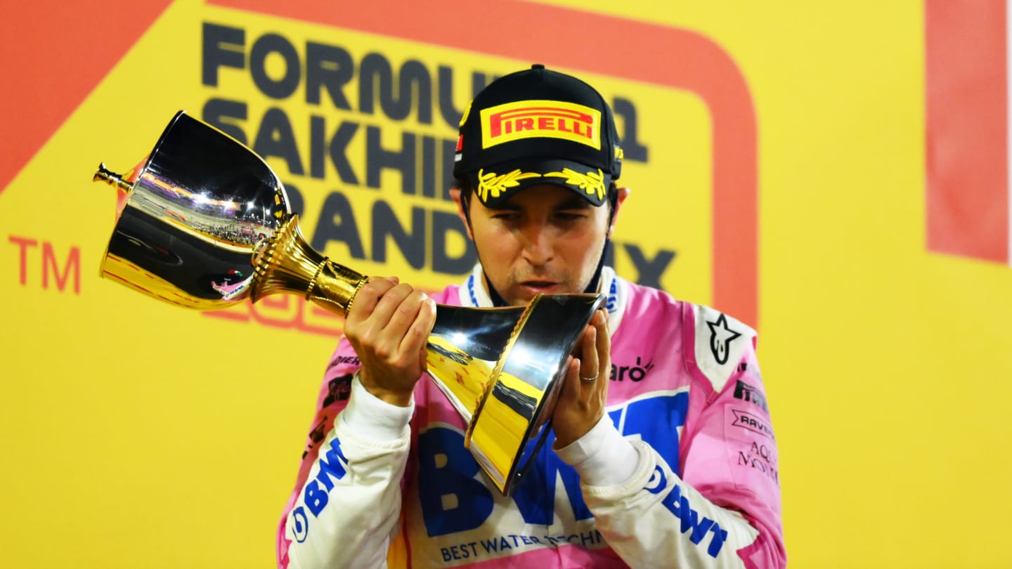 BAHRAIN, BAHRAIN - DECEMBER 06: Race winner Sergio Perez of Mexico and Racing Point celebrates his