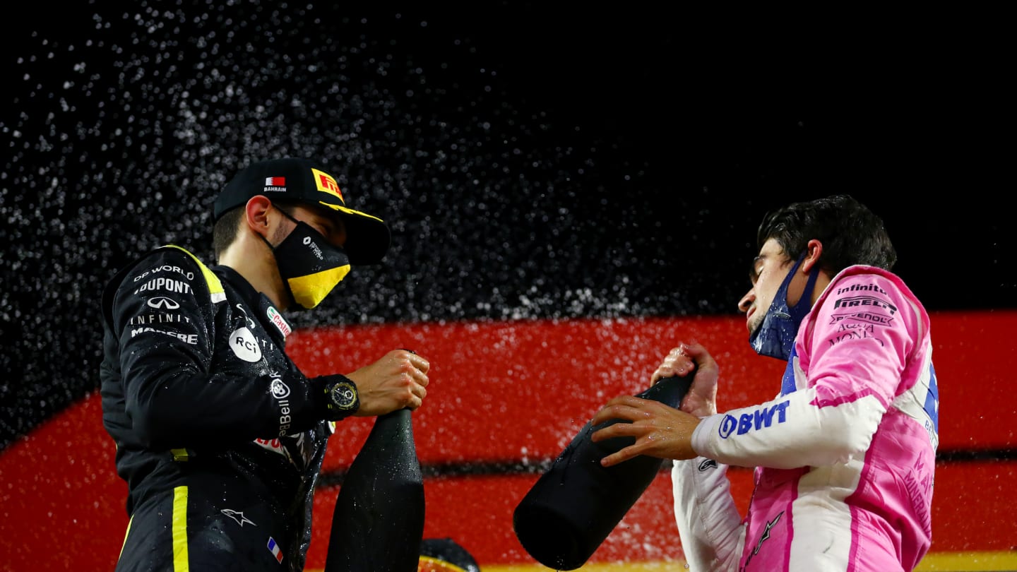 BAHRAIN, BAHRAIN - DECEMBER 06: Second placed Esteban Ocon of France and Renault Sport F1 and third