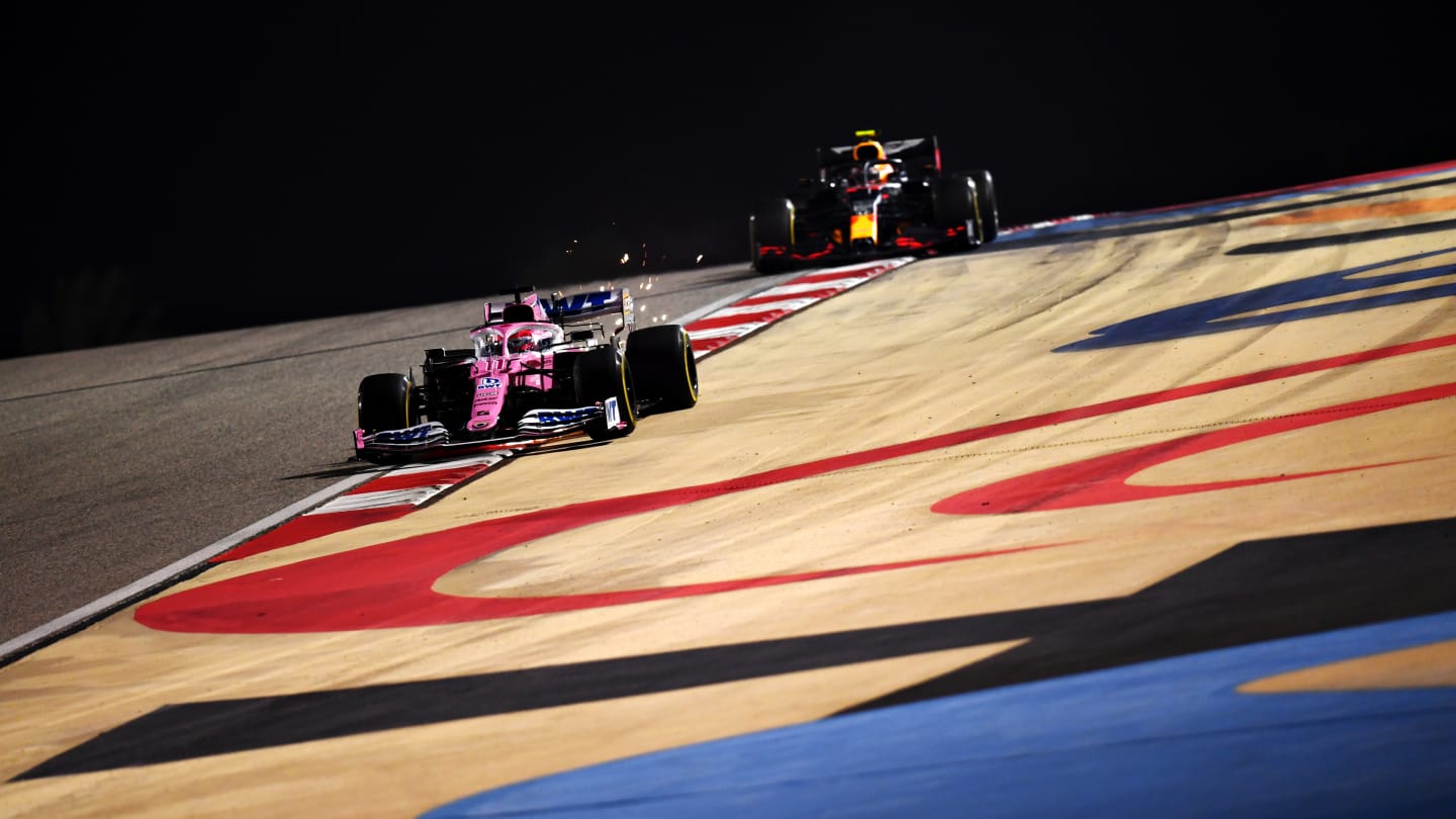 BAHRAIN, BAHRAIN - DECEMBER 06: Sergio Perez of Mexico driving the (11) Racing Point RP20 Mercedes