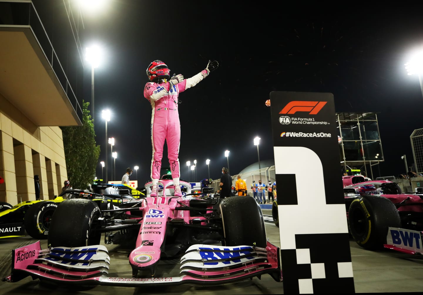 BAHRAIN, BAHRAIN - DECEMBER 06: Race winner Sergio Perez of Mexico and Racing Point celebrates in