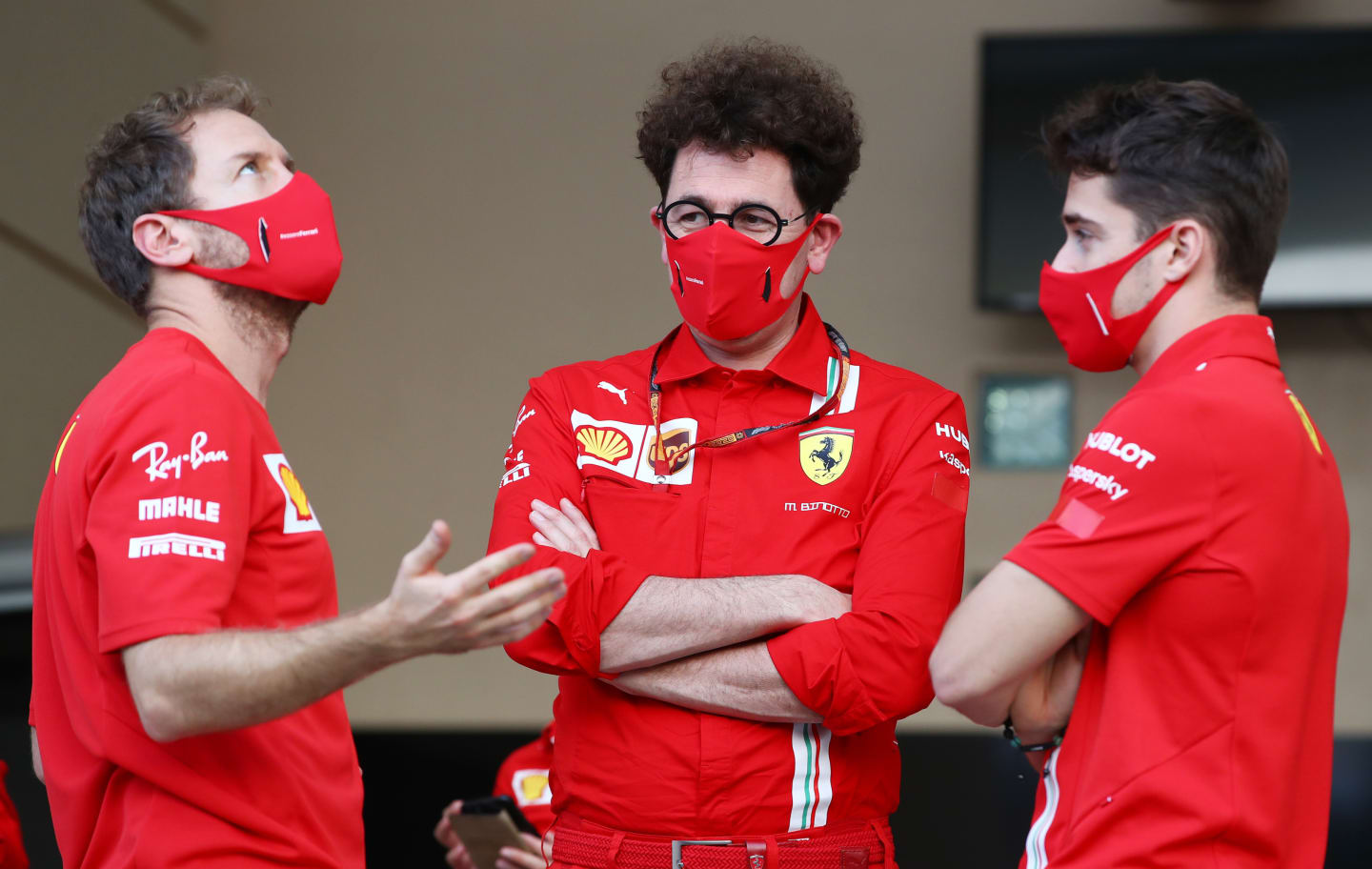 BAHRAIN, BAHRAIN - DECEMBER 03: Scuderia Ferrari Team Principal Mattia Binotto speaks with