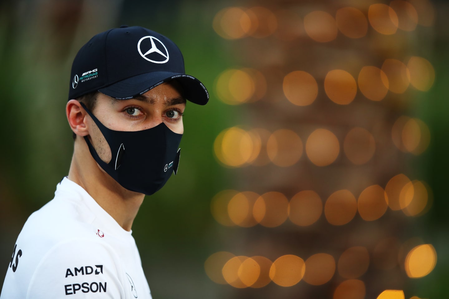 BAHRAIN, BAHRAIN - DECEMBER 03: George Russell of Great Britain and Mercedes GP looks on in the