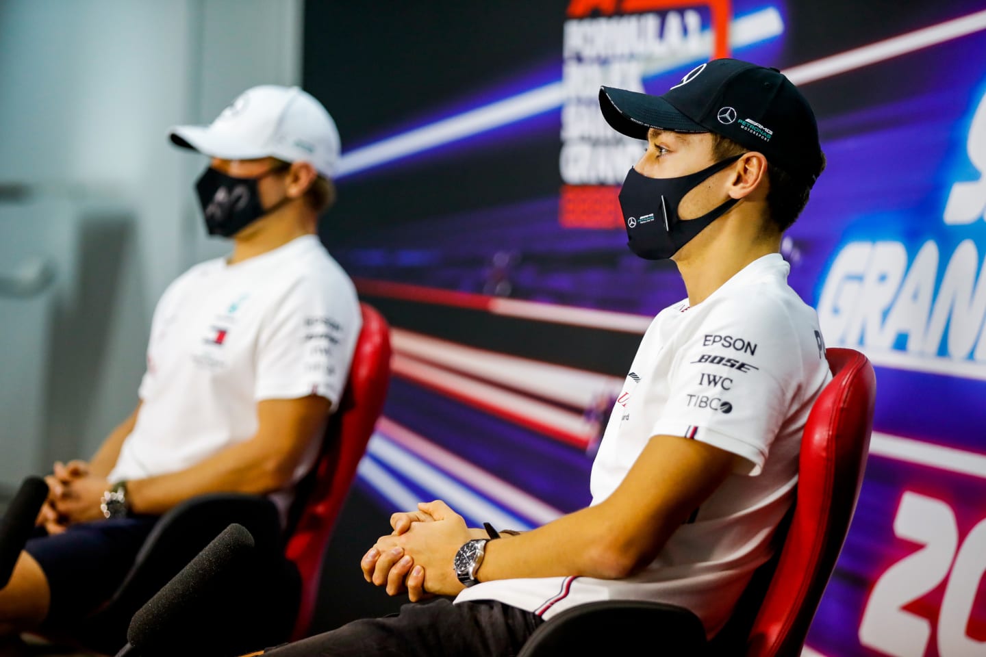 BAHRAIN, BAHRAIN - DECEMBER 03: George Russell of Great Britain and Mercedes GP talks in the