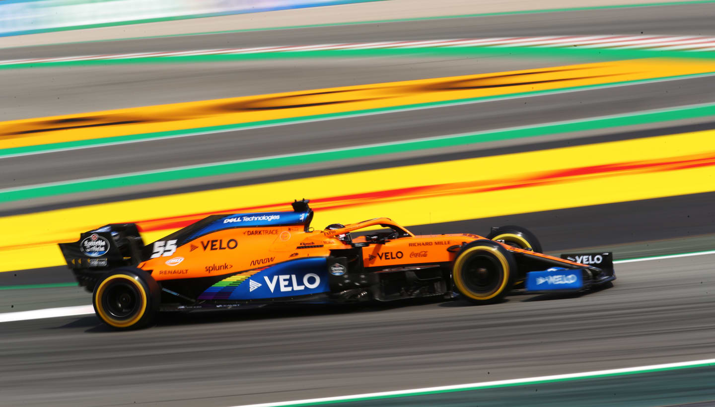 BARCELONA, SPAIN - AUGUST 14: Carlos Sainz of Spain driving the (55) McLaren F1 Team MCL35 Renault