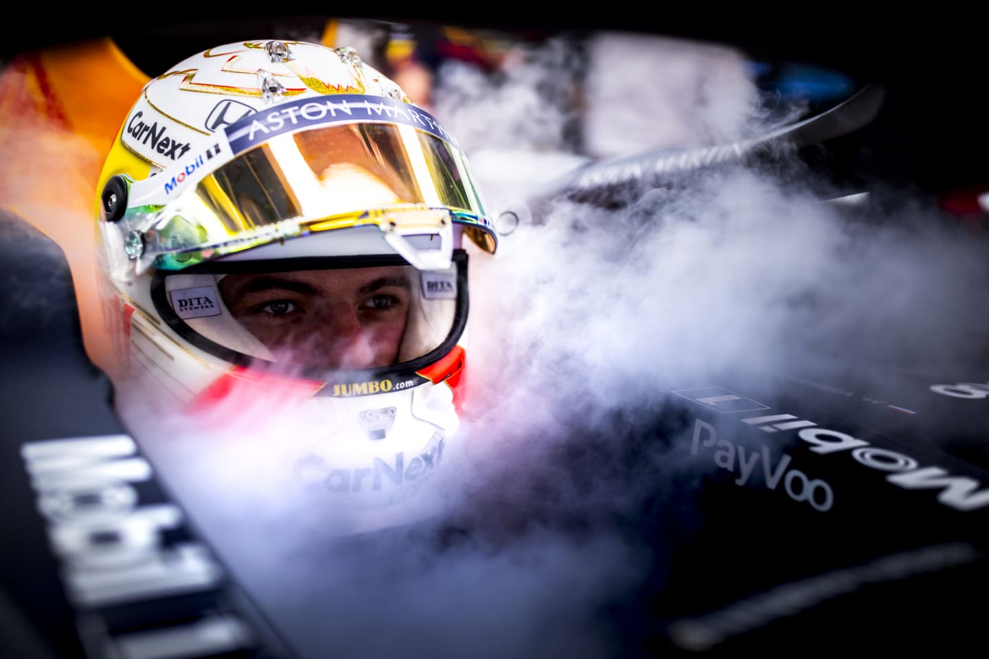 BARCELONA, SPAIN - AUGUST 14: Max Verstappen of Netherlands and Red Bull Racing prepares to drive in the garage during practice for the F1 Grand Prix of Spain at Circuit de Barcelona-Catalunya on August 14, 2020 in Barcelona, Spain. (Photo by Mark Thompson/Getty Images)