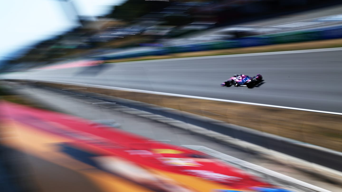 BARCELONA, SPAIN - AUGUST 14: Sergio Perez of Mexico driving the (11) Racing Point RP20 Mercedes during practice for the F1 Grand Prix of Spain at Circuit de Barcelona-Catalunya on August 14, 2020 in Barcelona, Spain. (Photo by Dan Istitene - Formula 1/Formula 1 via Getty Images)
