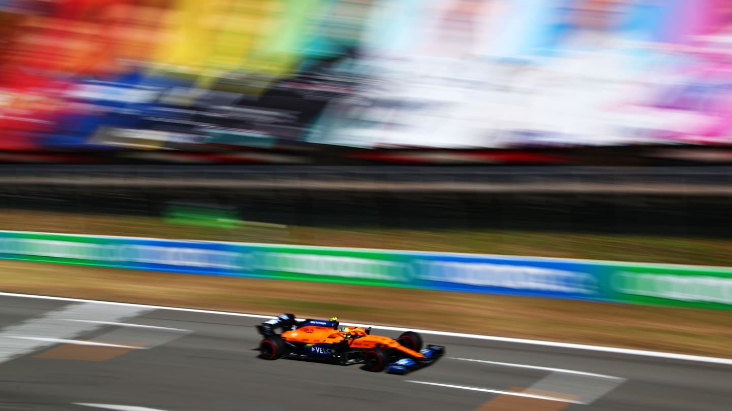 BARCELONA, SPAIN - AUGUST 14: Lando Norris of Great Britain driving the (4) McLaren F1 Team MCL35 Renault during practice for the F1 Grand Prix of Spain at Circuit de Barcelona-Catalunya on August 14, 2020 in Barcelona, Spain. (Photo by Dan Istitene - Formula 1/Formula 1 via Getty Images)