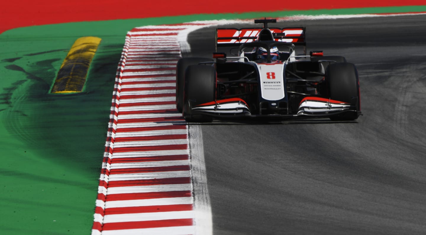 BARCELONA, SPAIN - AUGUST 14: Romain Grosjean of France driving the (8) Haas F1 Team VF-20 Ferrari