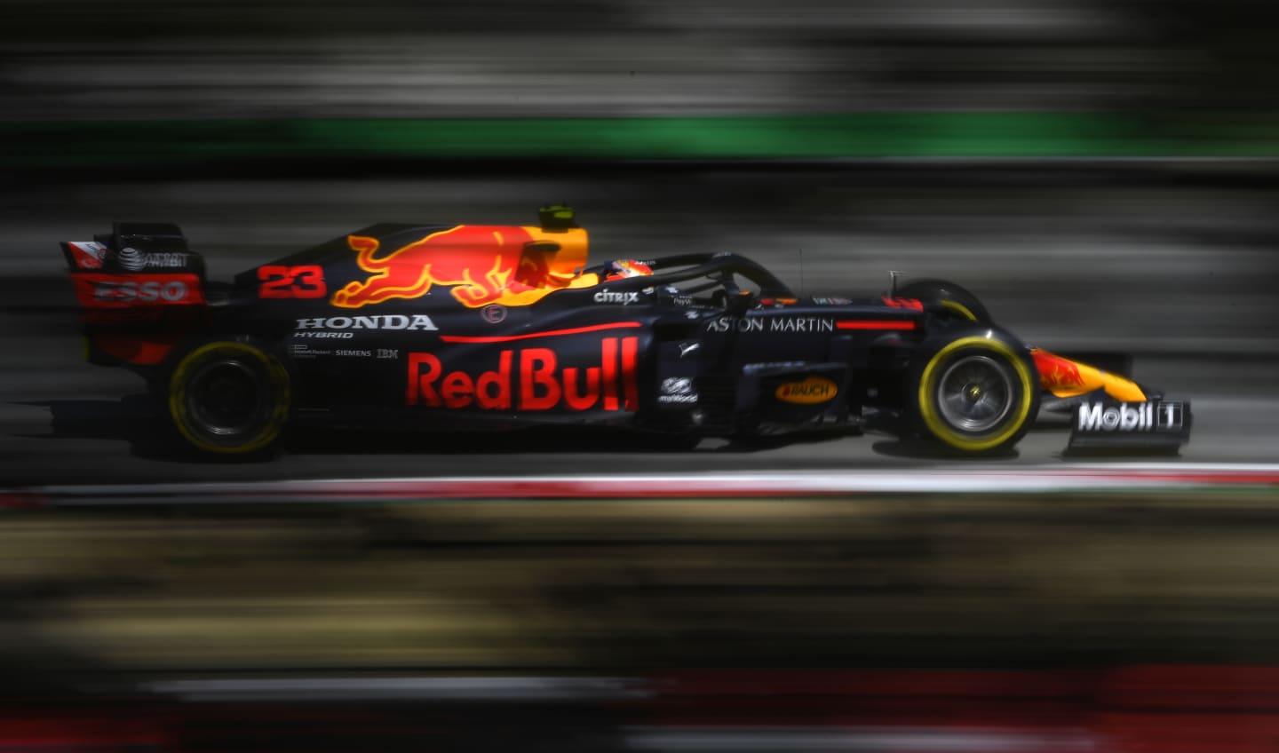 BARCELONA, SPAIN - AUGUST 14: Alexander Albon of Thailand driving the (23) Aston Martin Red Bull Racing RB16 on track during practice for the F1 Grand Prix of Spain at Circuit de Barcelona-Catalunya on August 14, 2020 in Barcelona, Spain. (Photo by Rudy Carezzevoli/Getty Images)