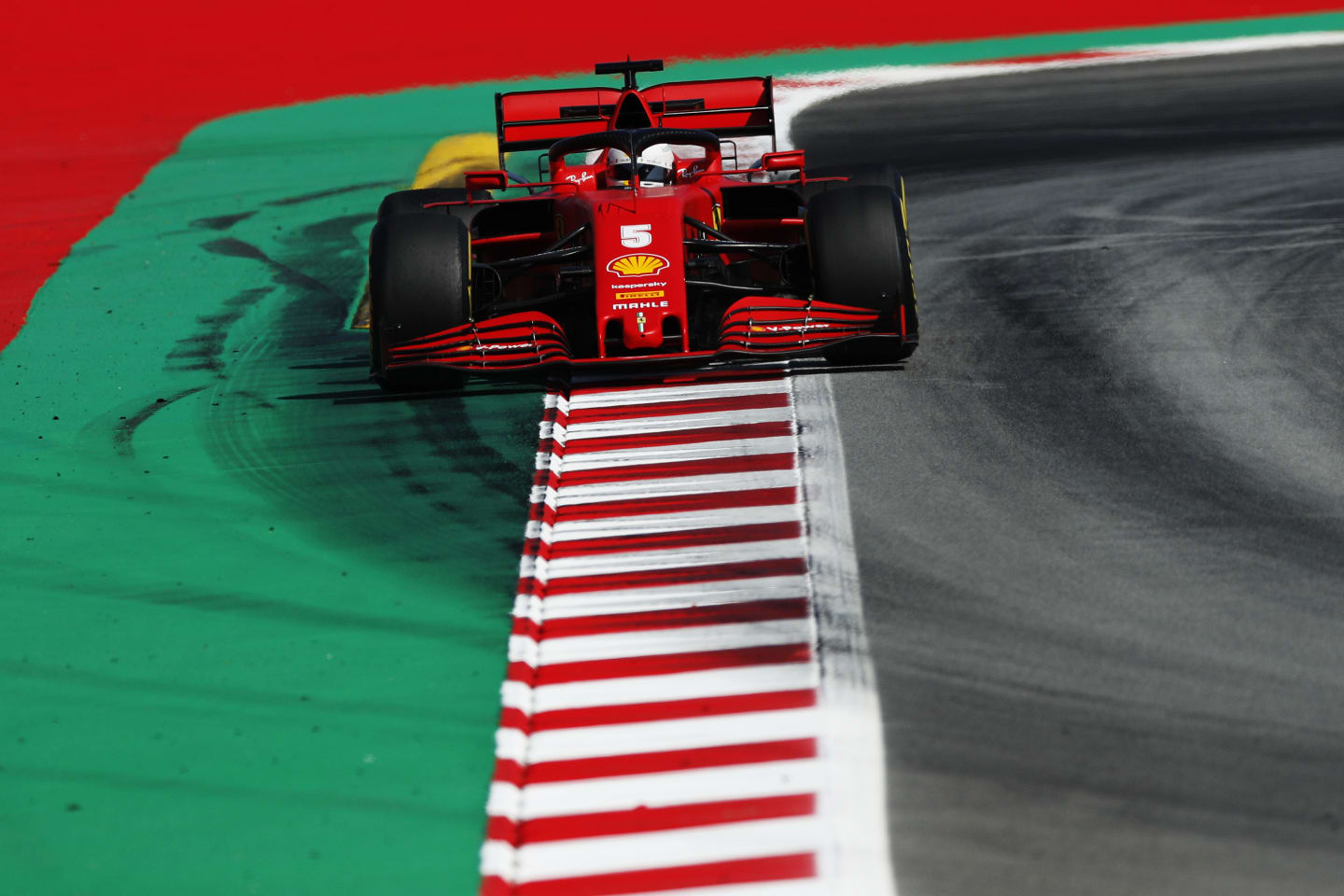 BARCELONA, SPAIN - AUGUST 14: Sebastian Vettel of Germany driving the (5) Scuderia Ferrari SF1000 on track during practice for the F1 Grand Prix of Spain at Circuit de Barcelona-Catalunya on August 14, 2020 in Barcelona, Spain. (Photo by Albert Gea/Pool via Getty Images)