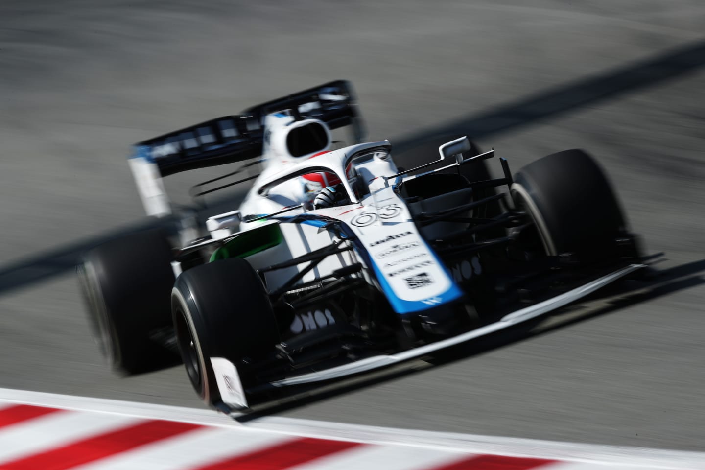 BARCELONA, SPAIN - AUGUST 14: George Russell of Great Britain driving the (63) Williams Racing FW43 Mercedes on track during practice for the F1 Grand Prix of Spain at Circuit de Barcelona-Catalunya on August 14, 2020 in Barcelona, Spain. (Photo by Albert Gea/Pool via Getty Images)