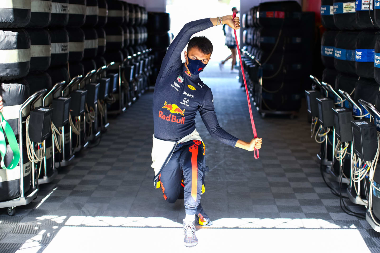 BARCELONA, SPAIN - AUGUST 15: Alexander Albon of Thailand and Red Bull Racing warms up before final practice for the F1 Grand Prix of Spain at Circuit de Barcelona-Catalunya on August 15, 2020 in Barcelona, Spain. (Photo by Mark Thompson/Getty Images)