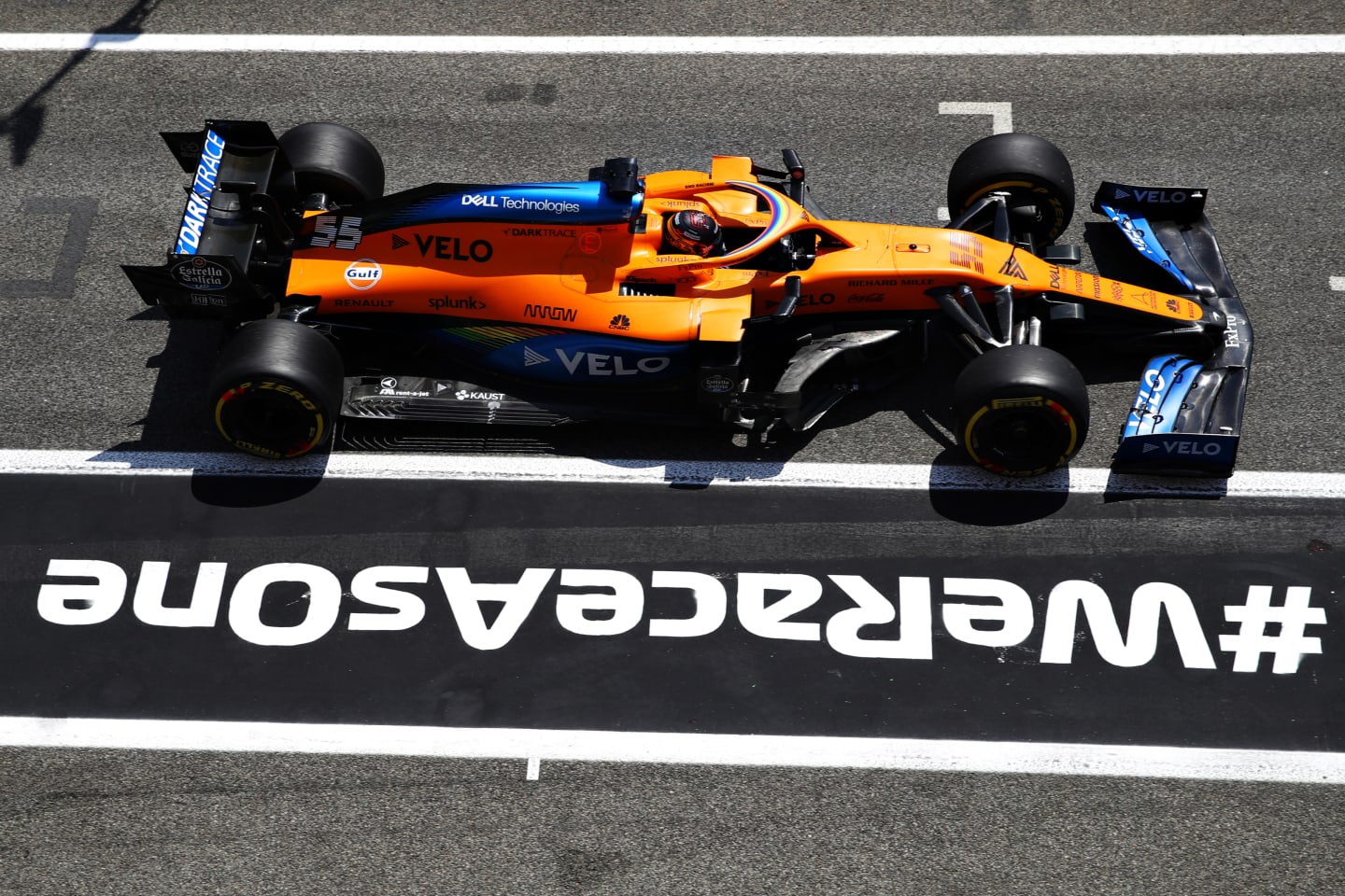 BARCELONA, SPAIN - AUGUST 15: Carlos Sainz of Spain driving the (55) McLaren F1 Team MCL35 Renault in the pit lane during final practice for the F1 Grand Prix of Spain at Circuit de Barcelona-Catalunya on August 15, 2020 in Barcelona, Spain. (Photo by Mark Thompson/Getty Images)