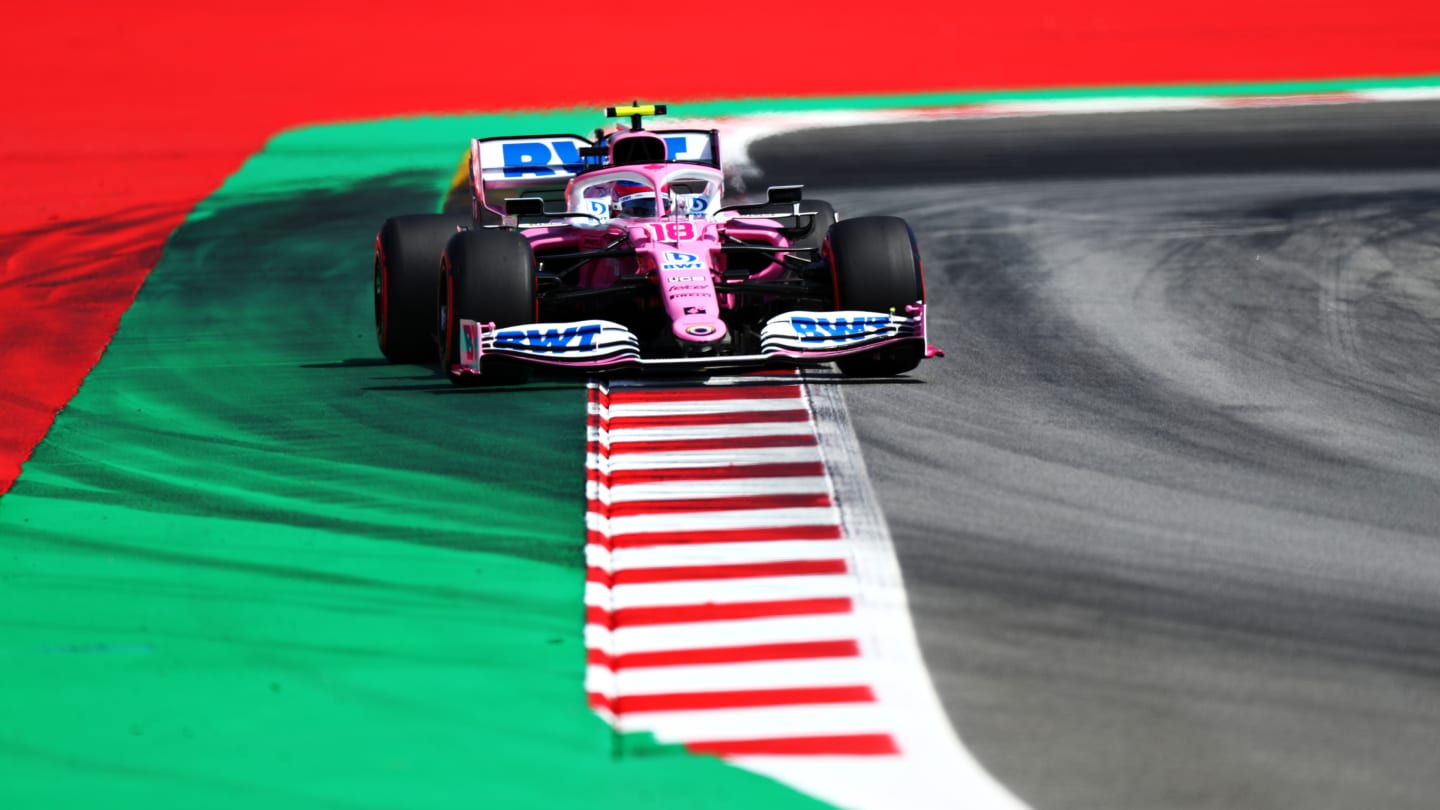 BARCELONA, SPAIN - AUGUST 15: Lance Stroll of Canada driving the (18) Racing Point RP20 Mercedes on track during qualifying for the F1 Grand Prix of Spain at Circuit de Barcelona-Catalunya on August 15, 2020 in Barcelona, Spain. (Photo by Dan Istitene - Formula 1/Formula 1 via Getty Images)