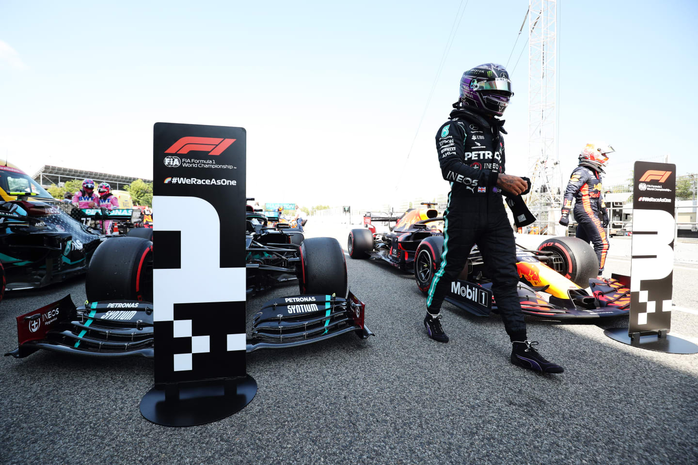 BARCELONA, SPAIN - AUGUST 15: Pole position qualifier Lewis Hamilton of Great Britain and Mercedes