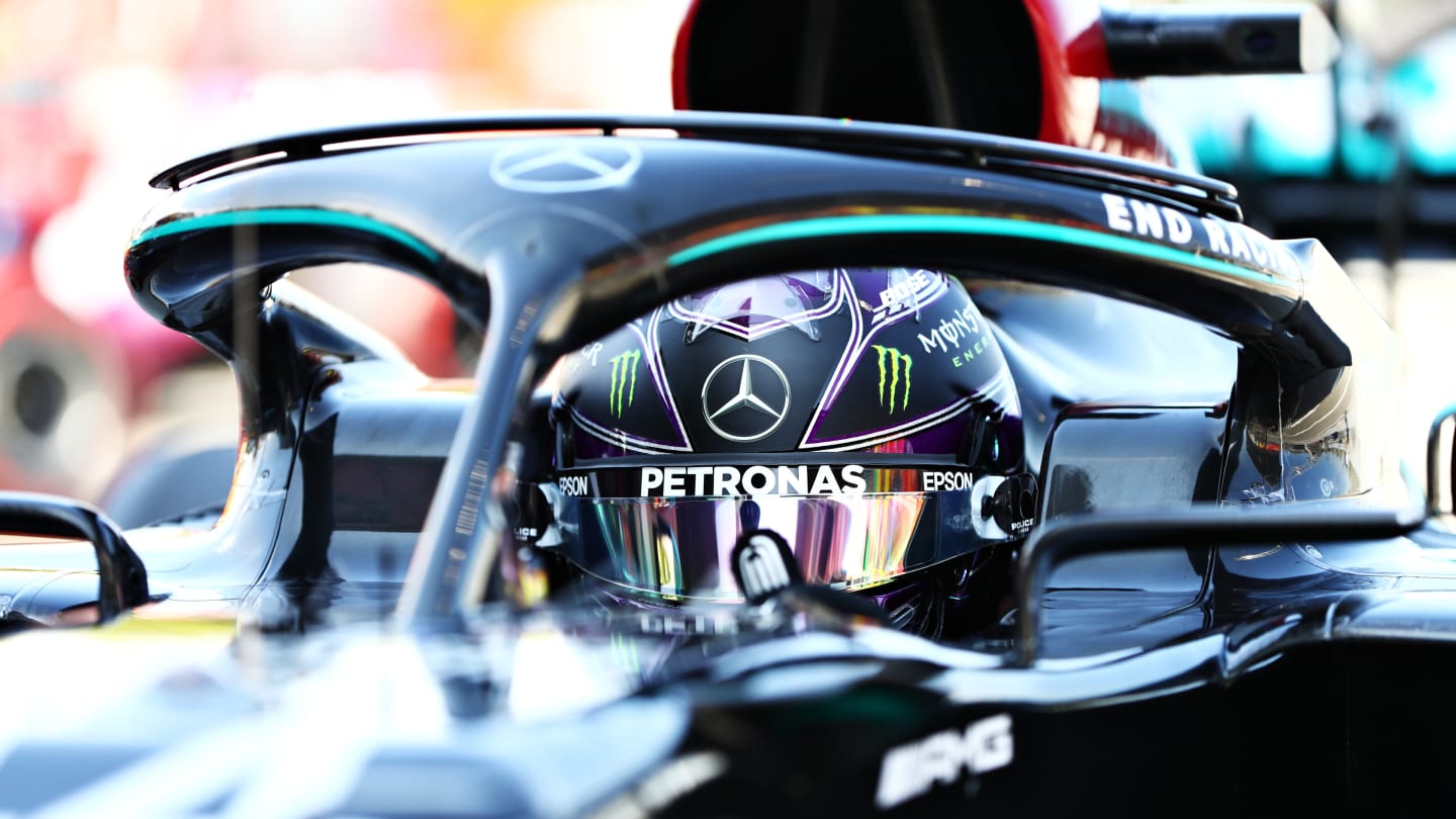 BARCELONA, SPAIN - AUGUST 15: Pole position qualifier Lewis Hamilton of Great Britain and Mercedes