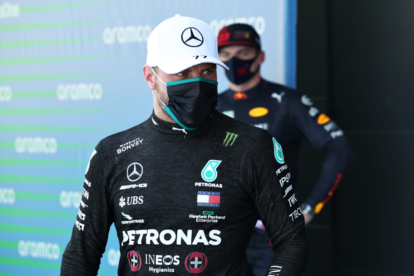 BARCELONA, SPAIN - AUGUST 15: Second placed qualifier Valtteri Bottas of Finland and Mercedes GP looks on during qualifying for the F1 Grand Prix of Spain at Circuit de Barcelona-Catalunya on August 15, 2020 in Barcelona, Spain. (Photo by Albert Gea/Pool via Getty Images)