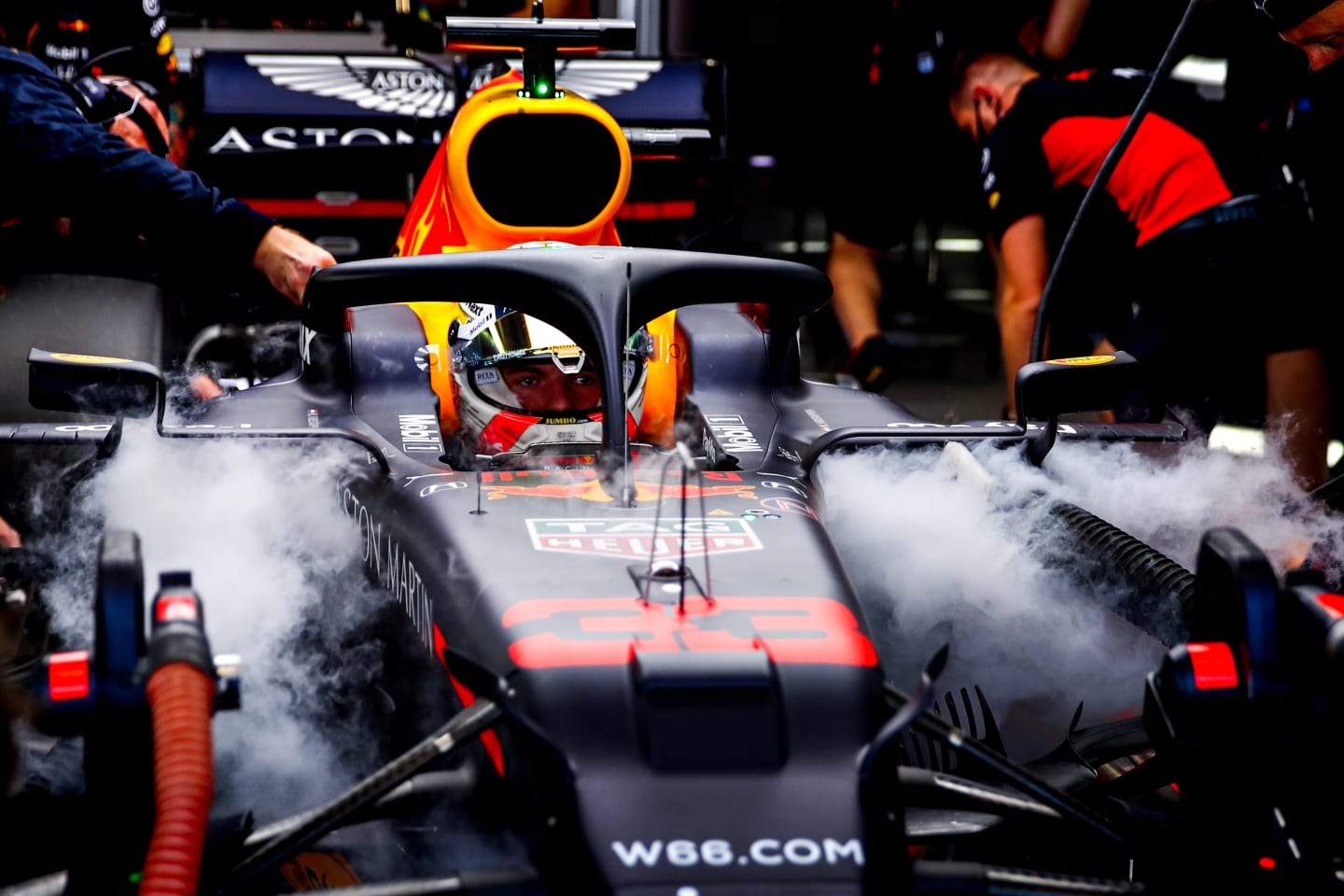 BARCELONA, SPAIN - AUGUST 15: Max Verstappen of Netherlands and Red Bull Racing in the garage during qualifying for the F1 Grand Prix of Spain at Circuit de Barcelona-Catalunya on August 15, 2020 in Barcelona, Spain. (Photo by Mark Thompson/Getty Images)