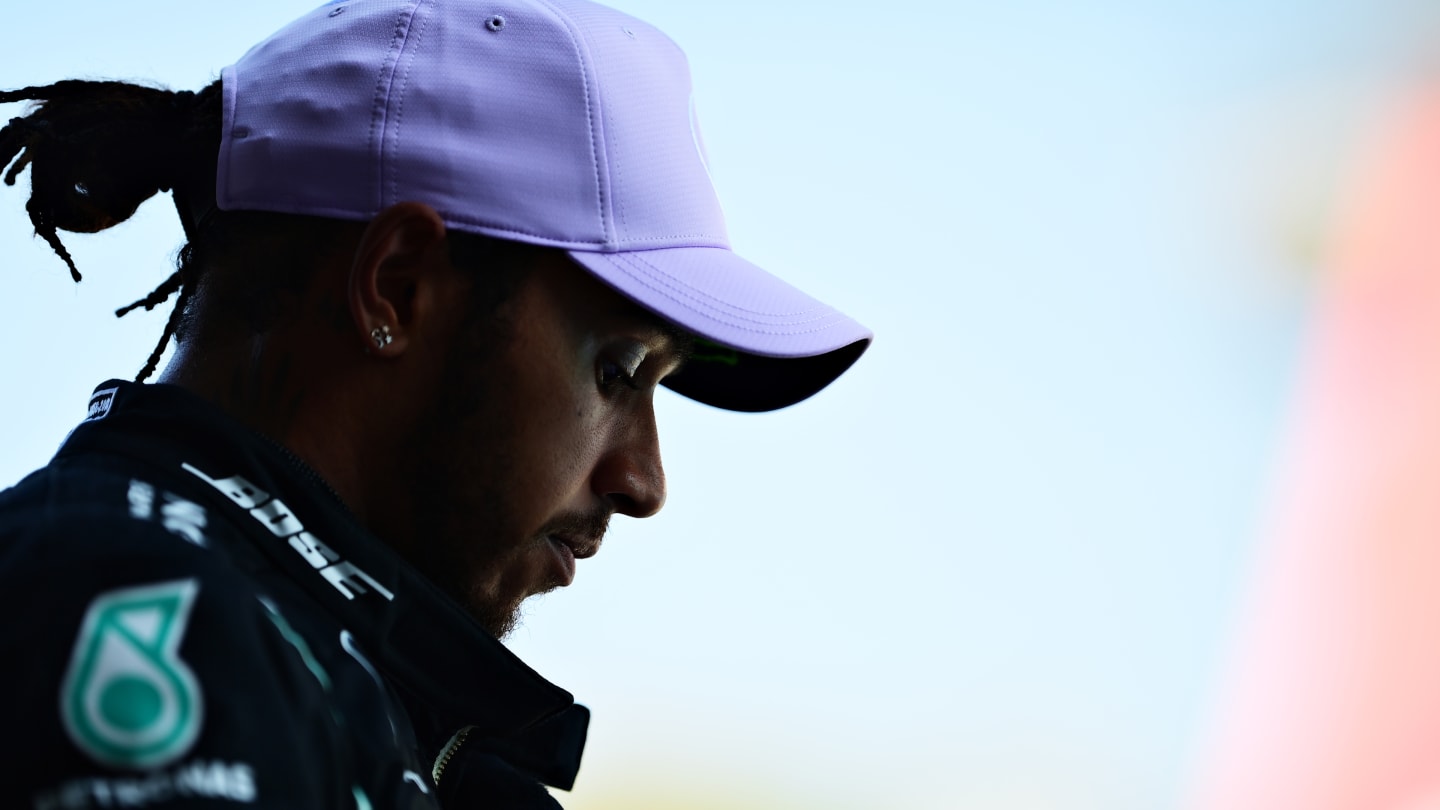 BARCELONA, SPAIN - AUGUST 15: Pole position qualifier Lewis Hamilton of Great Britain and Mercedes GP looks on during qualifying for the F1 Grand Prix of Spain at Circuit de Barcelona-Catalunya on August 15, 2020 in Barcelona, Spain. (Photo by Mario Renzi - Formula 1/Formula 1 via Getty Images)
