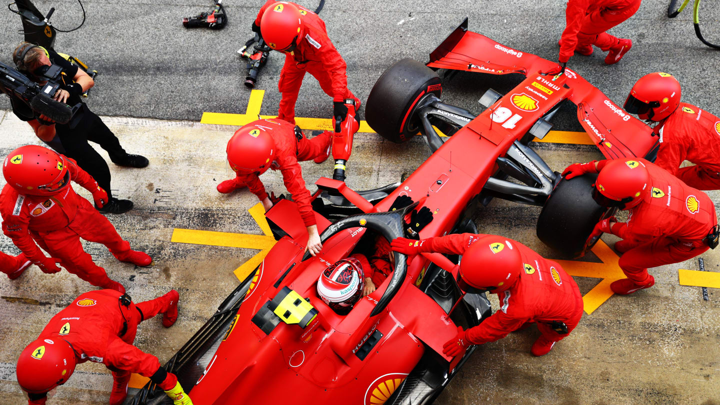 BARCELONA, SPAIN - AUGUST 16: Charles Leclerc of Monaco driving the (16) Scuderia Ferrari SF1000 is