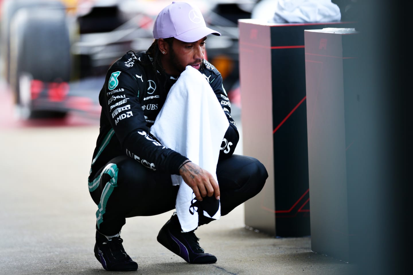 BARCELONA, SPAIN - AUGUST 16: Race winner Lewis Hamilton of Great Britain and Mercedes GP reacts in parc ferme during the F1 Grand Prix of Spain at Circuit de Barcelona-Catalunya on August 16, 2020 in Barcelona, Spain. (Photo by Peter Fox/Getty Images)