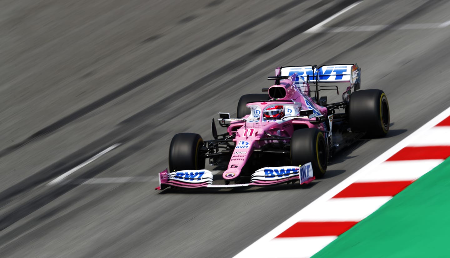 BARCELONA, SPAIN - AUGUST 16: Sergio Perez of Mexico driving the (11) Racing Point RP20 Mercedes on track during the F1 Grand Prix of Spain at Circuit de Barcelona-Catalunya on August 16, 2020 in Barcelona, Spain. (Photo by Alejandro Garcia/Pool via Getty Images)