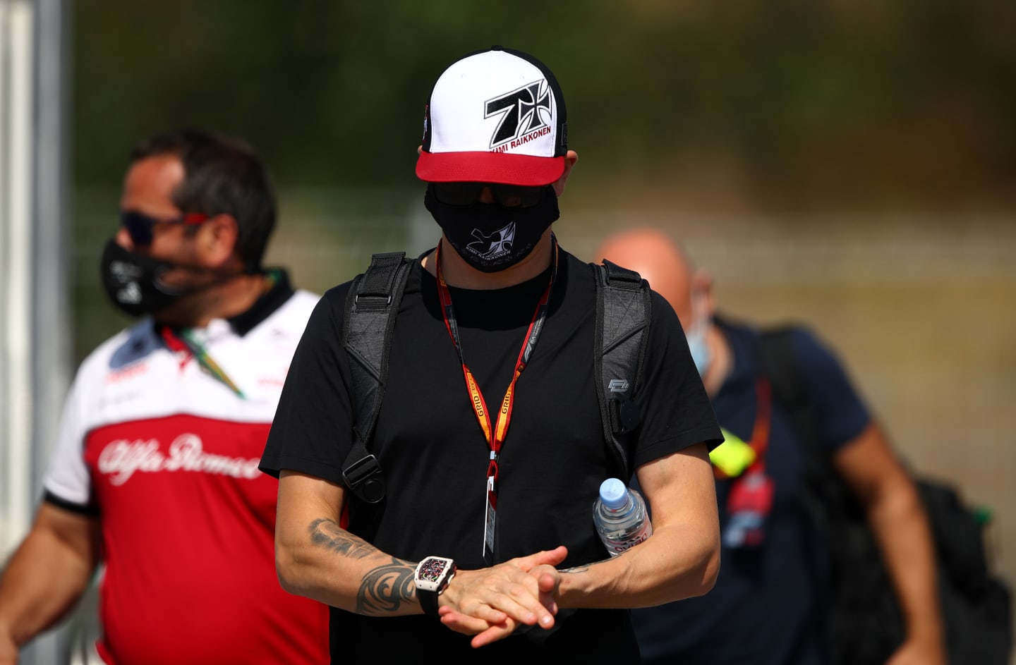 BARCELONA, SPAIN - AUGUST 13: Kimi Raikkonen of Finland and Alfa Romeo Racing arrives in the
