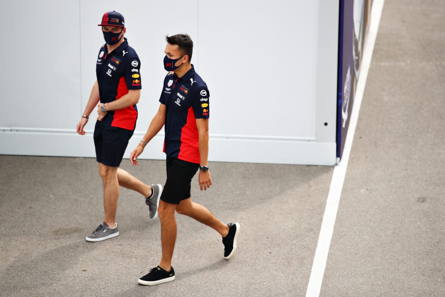 BARCELONA, SPAIN - AUGUST 13: Alexander Albon of Thailand and Red Bull Racing and Max Verstappen of