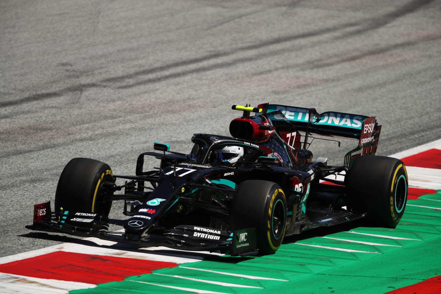 SPIELBERG, AUSTRIA - JULY 10: Valtteri Bottas of Finland driving the (77) Mercedes AMG Petronas F1 Team Mercedes W11 on track during practice for the F1 Grand Prix of Styria at Red Bull Ring on July 10, 2020 in Spielberg, Austria. (Photo by Bryn Lennon/Getty Images)