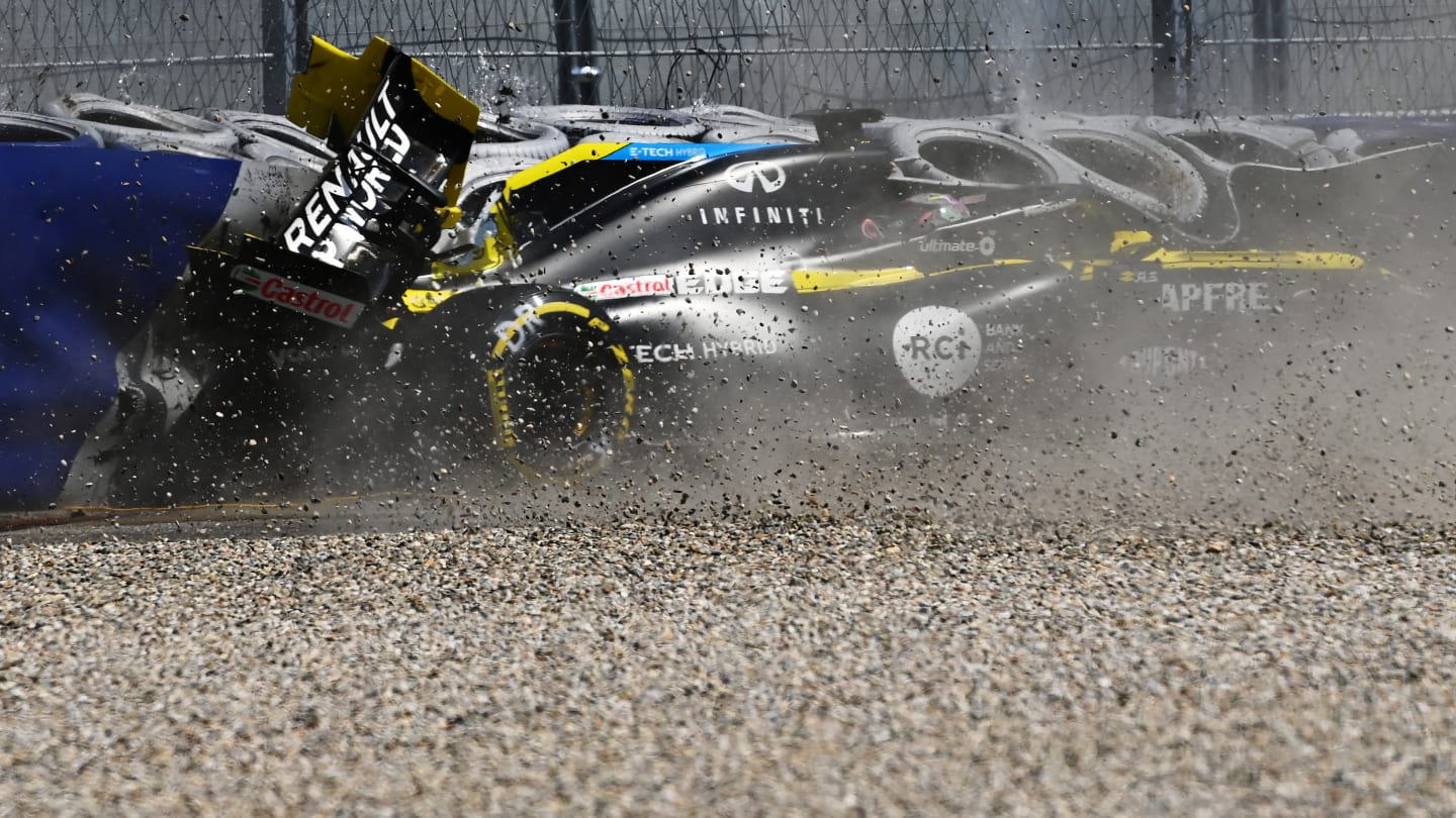 SPIELBERG, AUSTRIA - JULY 10: Daniel Ricciardo of Australia driving the (3) Renault Sport Formula One Team RS20 crashes during practice for the F1 Grand Prix of Styria at Red Bull Ring on July 10, 2020 in Spielberg, Austria. (Photo by Clive Mason - Formula 1/Formula 1 via Getty Images)